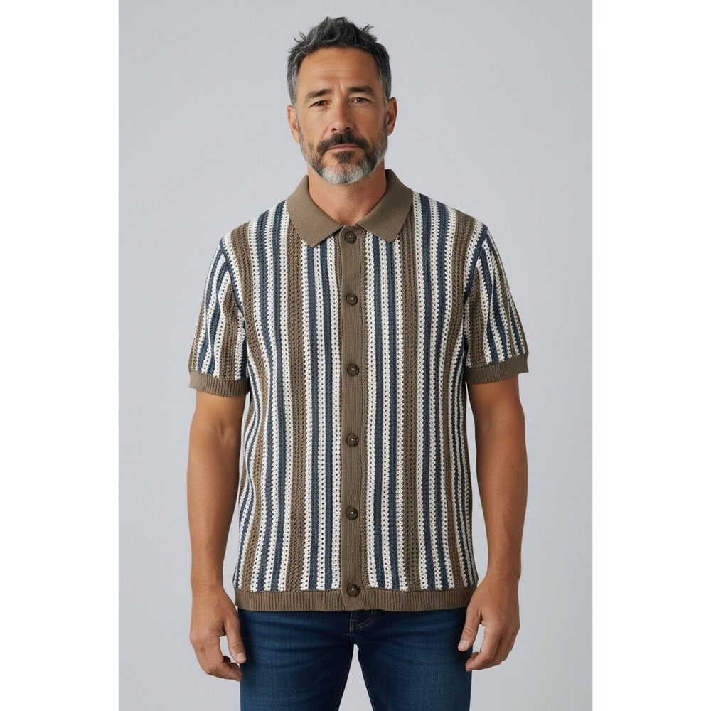 Lucky Brand Timber Wolf Panto Crochet Knit Button Polo Shirt Mens M NWT